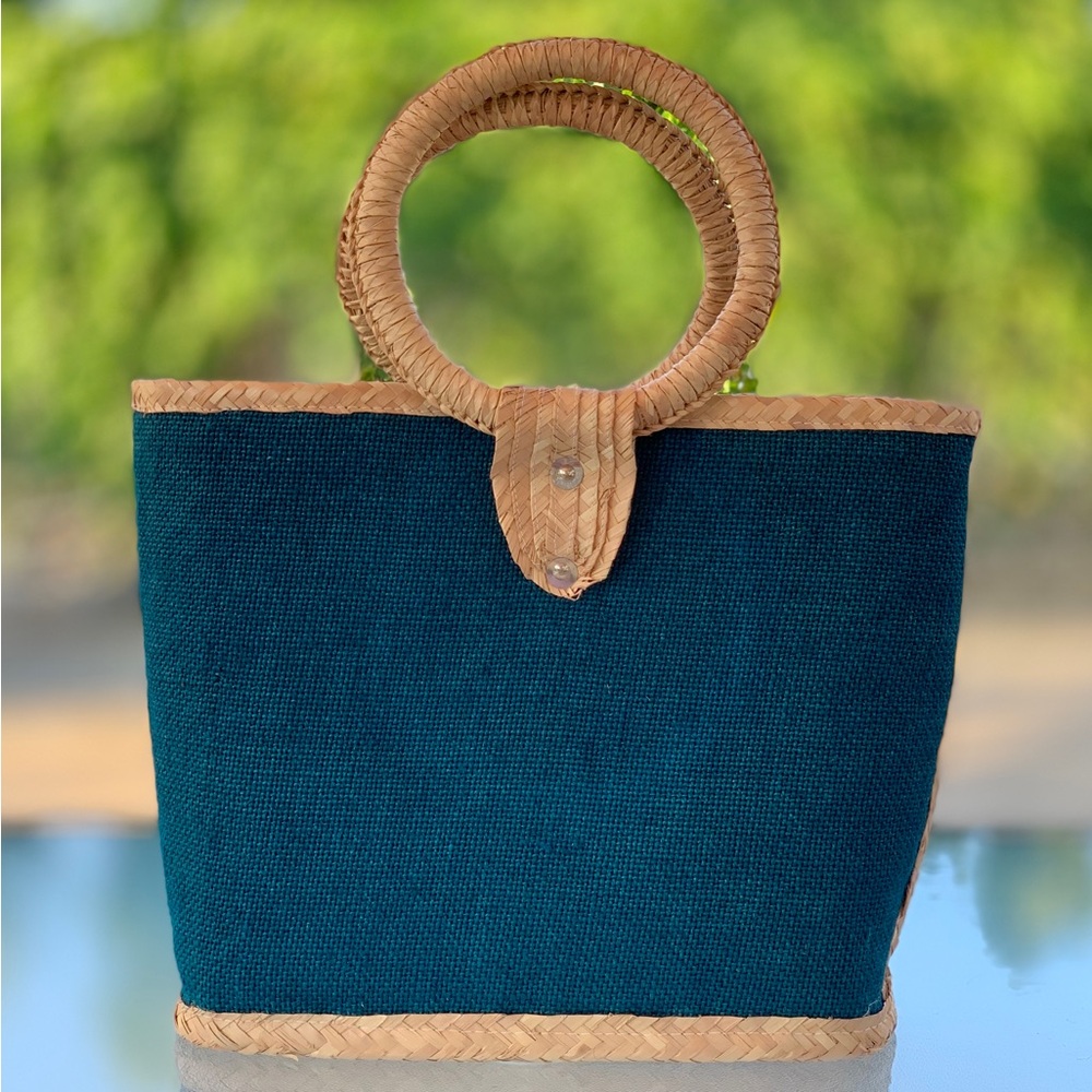 Teal Burlap and Straw Bucket Tote, Market Bag, Arm Bag